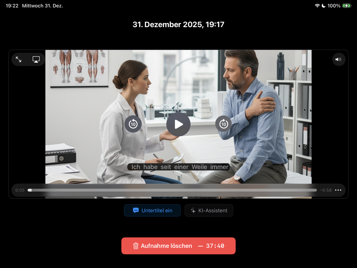 Review auf dem iPad: Video einer Demo-Begegnung zwischen Ärztin und Patient mit eingeblendetem Untertitel, darunter die Schaltfläche «Aufnahme löschen».